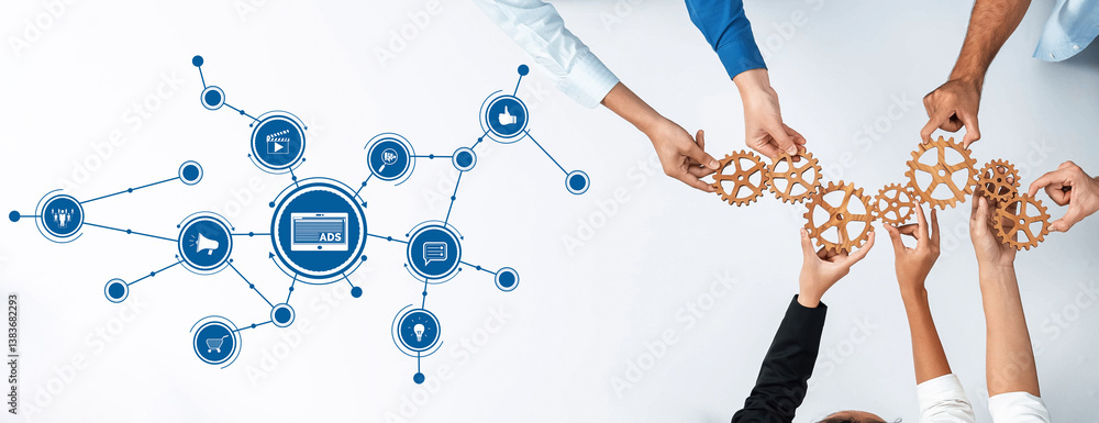 Poster a vibrant representation of teamwork with hands connecting gears and icons, symbolizing collaboratio