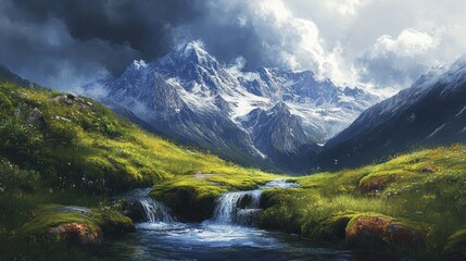 Majestic mountains, valley stream, wildflowers, storm clouds; nature scene