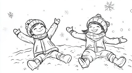 Two Children Making Snow Angels in Fresh Snow with Falling Snowflakes