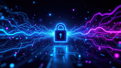 Illustration of a digital lock with an abstract background featuring vibrant colors and digital lines to represent cybersecurity and online security measures.
