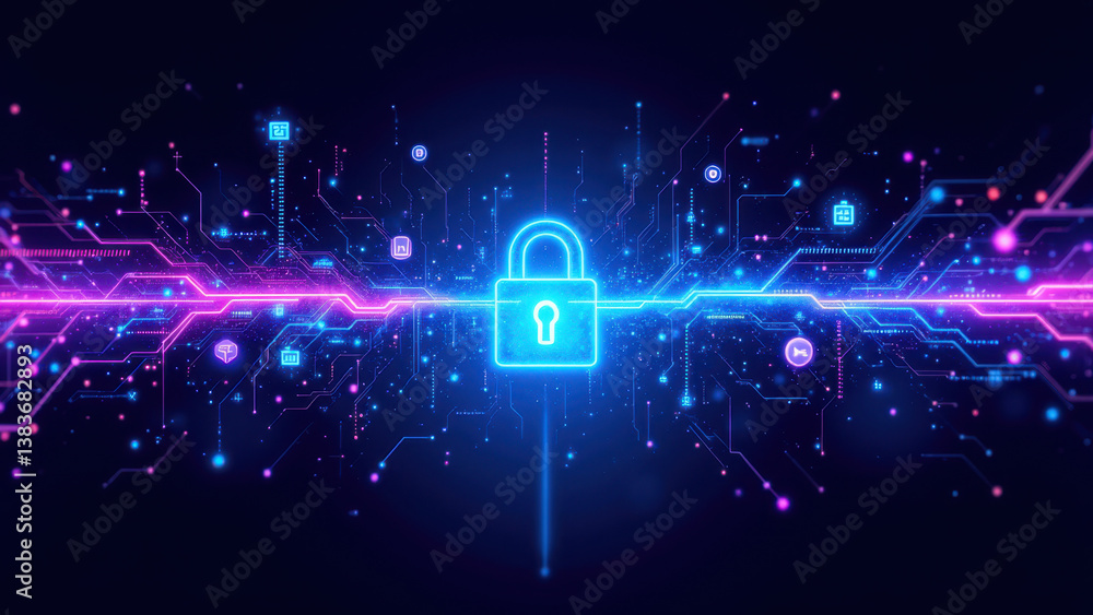 Poster futuristic cyberlock with digital grid and glowing symbols representing online data protection.