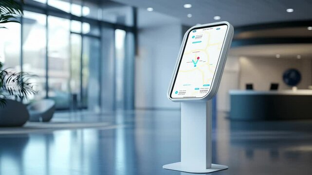 Interactive digital information screen with map interface in modern office lobby or business center interior