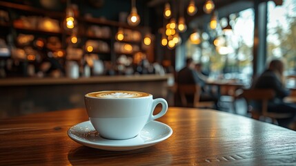 Obraz premium Artisan Coffee Latte with Leaf Design at Trendy Cafe Table Setting