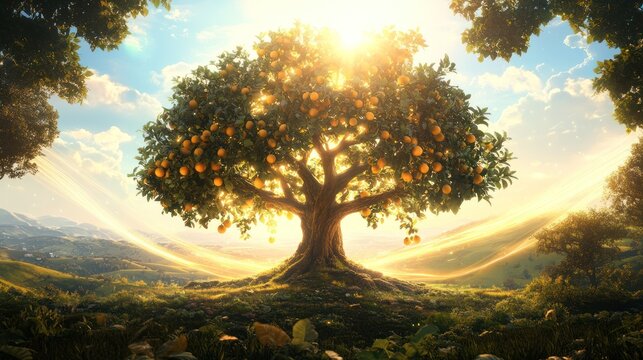 Abundant orange tree sunrise, hilly landscape, nature, prosperity