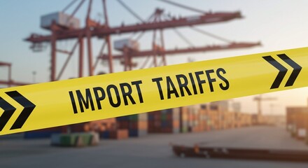 "Import Tariffs" warning tape across a busy port with shipping containers and industrial cranes in the background, symbolizing trade and economic policies