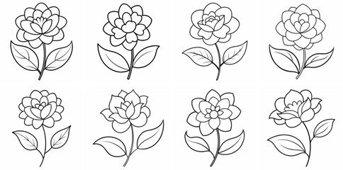 Children's Floral Outline Coloring Book Page Line Art Drawing Set White Background