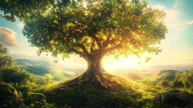Majestic apple tree sunrise, rolling hills, fantasy landscape, spiritual concept - Powered by Adobe