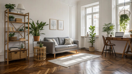 Stylish, bright living room with plants and natural light