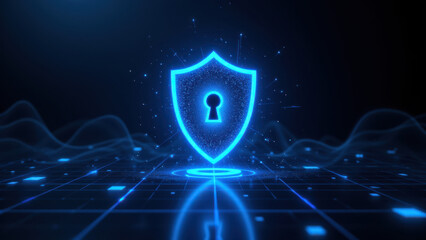 A vibrant digital shield icon against a cybernetic background, symbolizing online security.