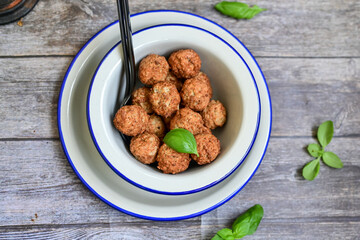 Mini pork meatballs with salsa filling.
 Party fingerfood. Diet  ketogenic food.