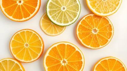 Colorful citrus fruit slices arranged on a bright background.  