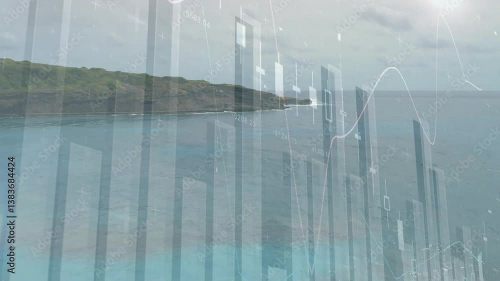Poster coastal landscape with financial graphs and data processing animation overlay