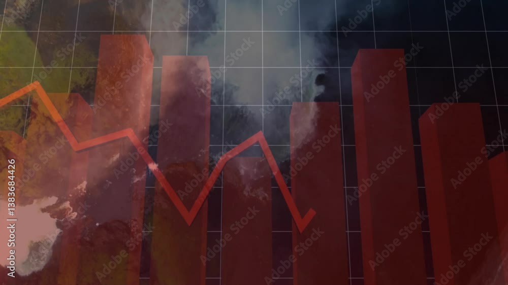Poster animation of red bar graph and line chart overlaid on cloudy sky background