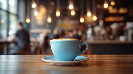 Fototapeta premium Delicious Blue Coffee Cup with Latte Art in Cozy Café Setting