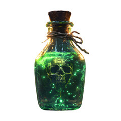Mystical Glass Potion Bottle with Glowing Green Liquid and Engraved Skull for Fantasy and Halloween Themes