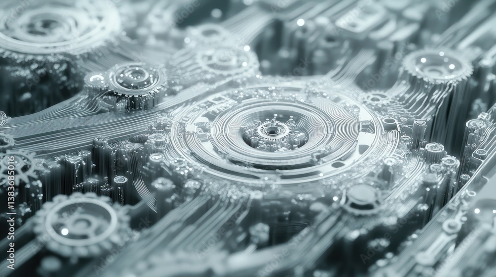 Poster intricate technological network: silver futuristic circuitry and complex components