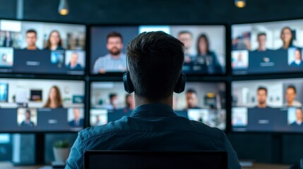 Fototapeta premium Virtual Team Brainstorming Session via Video Conference on Multiple Screens