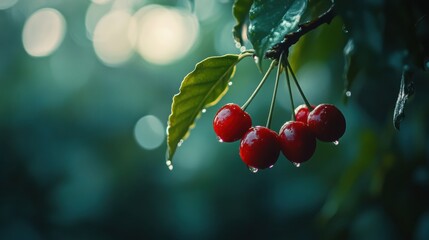 Obraz premium Ripe red coffee cherries glisten with morning dew in a sunlit forest