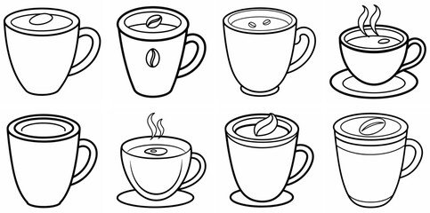 Fototapeta premium Coffee Cup Outline Coloring Book Page Line Art Drawing Set White Background
