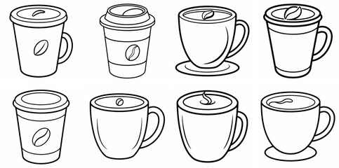 Fototapeta premium Coffee Cup Outline Coloring Book Page Line Art Drawing Set White Background