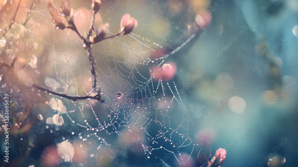 Wall mural close up of a delicate spider web adorned with dew drops against a softly blurred background