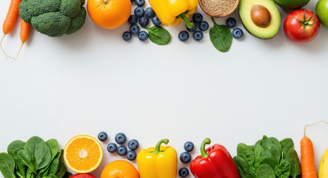 Overhead shot of fresh healthy food for balanced diet, bright colorful fruit, vegetables, berries, seeds, nutrtion for boosting immunity, detox concept, detox recipe concept