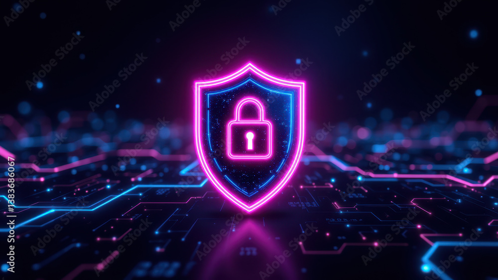 Poster a vibrant lock symbol with a glowing cybernetic background representing internet security.