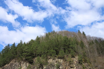A mountain with trees and blue sky