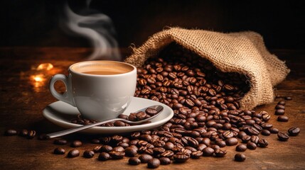 Delicious Hot Coffee with Steam in Rustic Setting Surrounded by Coffee Beans