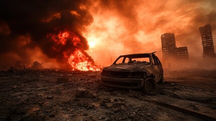 A dramatic view showcasing a fiery explosion against a darkened sky, with a wrecked car in the foreground and a devastated city in the background, evoking feelings of chaos.