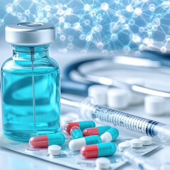 Medical Supplies Vial of Blue Liquid, Capsules, Syringe, and Stethoscope