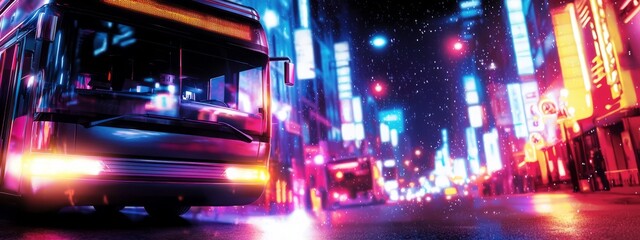 Obraz premium Vibrant City Night Scene with Neon Lights and City Bus