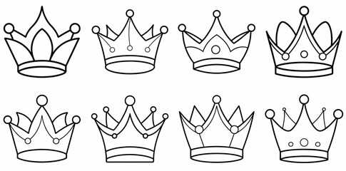 Crown Outline Coloring Book Page Line Art Drawing Set White Background