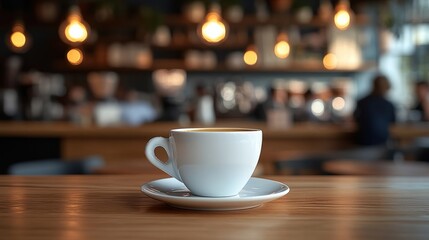 Fototapeta premium Elegant White Coffee Cup on Wooden Table in Trendy Cafe Ambiance