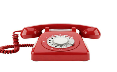 Red rotary phone, isolated on a transparent background, png image Cut out. Represents communication, nostalgia, vintage design, and classic technology