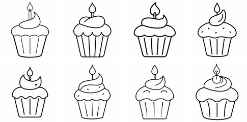 Cupcake with Candle Outline Coloring Book Page Line Art Drawing Set White Background