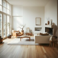 A luxurious Japandi-style living room with a serene ambiance, minimalist design, natural light with neutral tones, organic textures and elegance