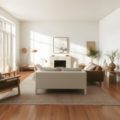 A luxurious Japandi-style living room with a serene ambiance, minimalist design, natural light with neutral tones, organic textures and elegance