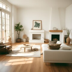 A luxurious Japandi-style living room with a serene ambiance, minimalist design, natural light with neutral tones, organic textures and elegance