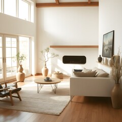 A luxurious Japandi-style living room with a serene ambiance, minimalist design, natural light with neutral tones, organic textures and elegance