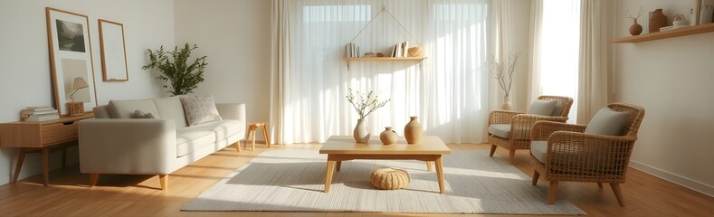 A luxurious Japandi-style living room with a serene ambiance, minimalist design, natural light with neutral tones, organic textures and elegance
