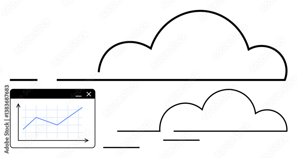 Poster line chart inside a browser window with digital clouds suggesting data growth, connectivity, and tec