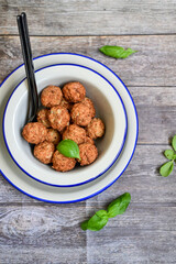 Mini pork meatballs with salsa filling.
 Party fingerfood. Diet  ketogenic food.