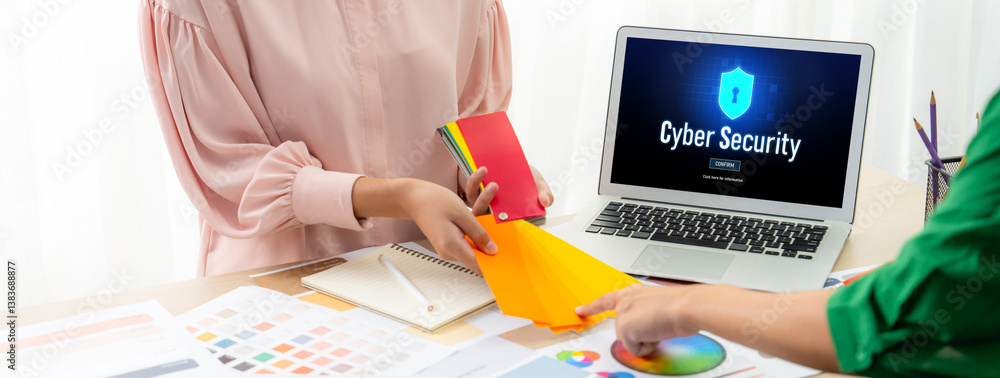 Poster cyber security system on computer screen protect private information brisk from hacker and cyber att