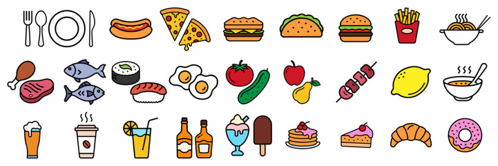 Food icons set. Burger, fast snacks, sandwich, french fries, hot dog, mexican burrito, pizza vector illustrations. Thin signs for restaurant menu.
