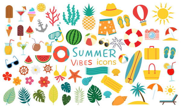 Naklejki Summer vibe icon set. Set of cute vector illustrations: logo, watermelon, resort, swimsuit, sunglasses, sun, starfish, steering wheel, pineapple, rainbow, lounger, inflatable ring, umbrella.