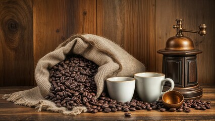 Brown burlap sack, coffee beans, white coffee cups, coffee grinder, civet, coffee bean scoop