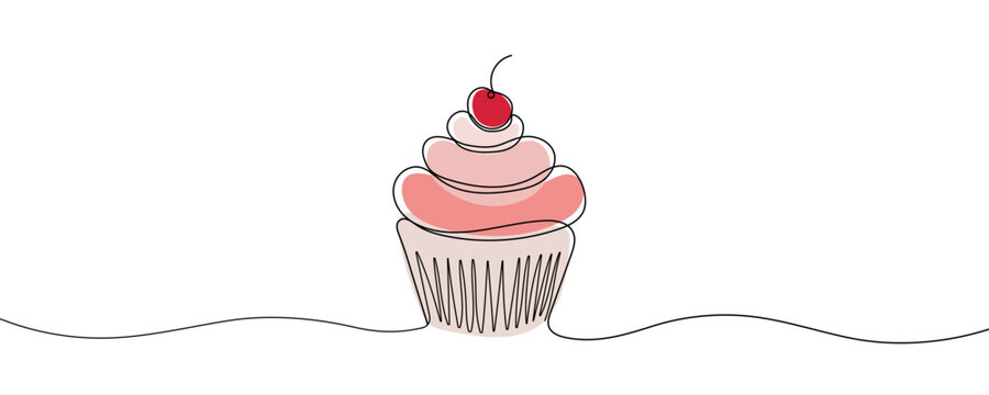recommend clip art: Single line cupcake with cream and cherry. Hand drawing art dessert theme with muffin and red cherry Editable stroke
