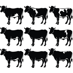 Black Cow silhouette vector icon set isolated on white background.