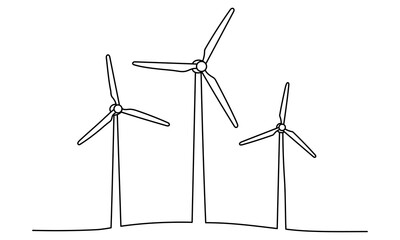 Wind mill, wind generator energy, single continuous line art drawing. Windmill tower save ecology green energy electricity. Hilly landscape with generate wind turbines. Editable stroke